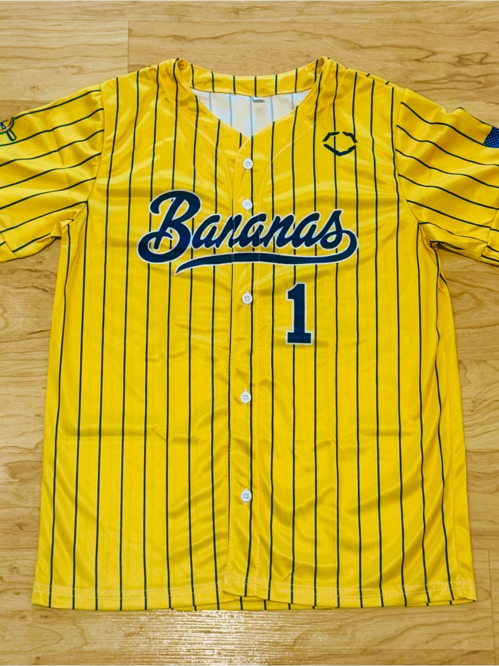 YOUTH MEDIUM SAVANNAH BANANAS BALL YELLOW BASEBALL JERSEY #1 PINSTRIPE KIDS BOYS